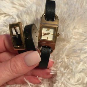 Black leather Tory Burch Double T-Link Watch -